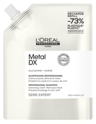 L'Oréal Professionnel hårschampo för alla hårtyper, förhindrar hårbrott och färgförändringar, mer glans, seriexpert, Metal DX-schampo för påfyllning, refill, 500 ml