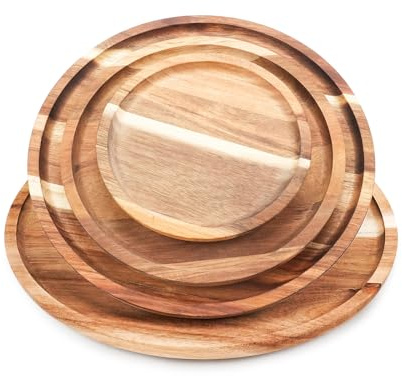 DSIOHFEI 4PC Round Acacia Wood Dinner Plates (set of 6-12 inch), Kitchen Wooden Plates for Home Decor, Kitchen Counter Serving Trays, Charcuterie Boards for Deserts, Appetizers, Snacks, Fruit