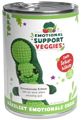 Emotional Support Veggies Häkelset Erbse: Anleitung, Misch-Garn in 2 Farben, Stickgarn, Füllwatte, Häkelnadel 2,0 mm, Sicherheitsaugen, Standfuß