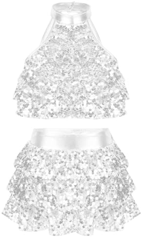 Kids Girls Sequin Sleeveless Crop Top with Skirt Set Jazz Latin Dance Outfits 2 Piece Performance Dance Costume Silver 11-12 Years