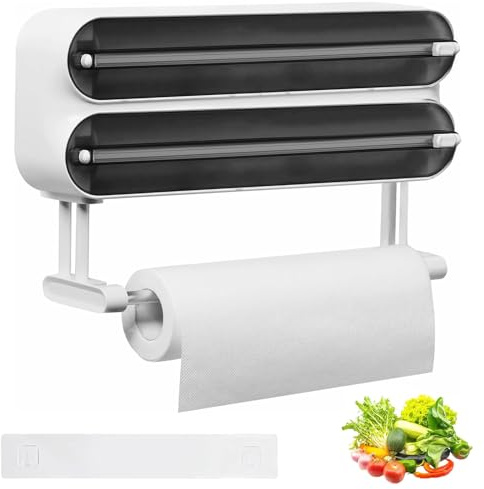 3 in 1 Frischhaltefolienspender, Küchenrollenhalterung mit Küchenrollenhalter, Folienschneider Magnetischer mit Küchenrollenhalter, Alufolienspender und Frischhalte, Frischhaltefolienspender, Schwarz