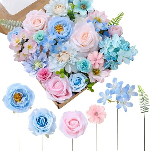 saerryor Artificial Flowers Box Fake Silk Roses with Stems Hydrangea Peony