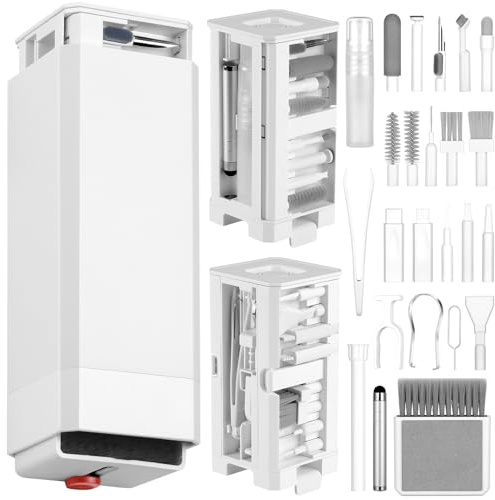 AYESY Kit Limpieza Teclado, 32 en 1 Kit Limpieza PC Multifuncional para Pantalla de PC Teléfono Móvil Auriculares Lentes con Cepillo de Limpiador Teclado Extractor de Teclas Portátil Blanco