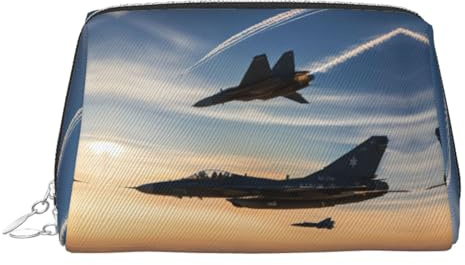 Trousse de toilette élégante en cuir imprimé avions de chasse avec fermeture éclair sur le dessus, Argenté., Taille unique