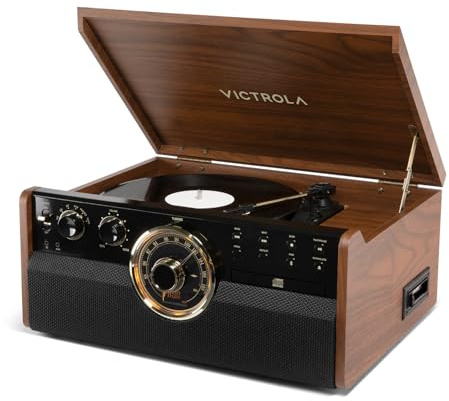 Victrola The Empire Mid-Century 6-in-1 Turntable & Multimedia Center with Built-in Speakers – 3 Speed, Bluetooth Connectivity, Radio, Cassette & CD Player, RCA Out, Headphone Jack (Walnut)