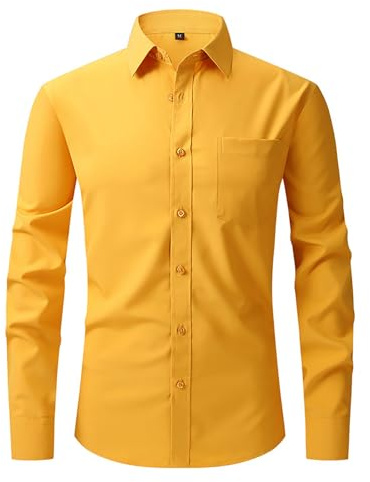 Camisa Manga Larga elástica Cuatro direcciones para Hombre Informal Negocios Formal Trabajo Antiarrugas cómoda (Yellow, M)