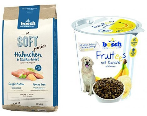 Bosch Soft Junior Hühnchen und Süßkartoffel, 12.5 kg/Bosch Snack Fruitees Banane, 4er Pack (4 x 200g)