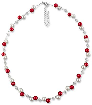 Rivelle Damen Perlenkette Perlen weiß rot Kette Perlen Collier Halsschmuck Necklace Geschenk-Box