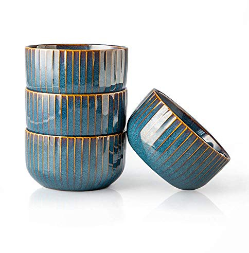 4 Pcs Porcelain Cereal Bowls - 500ml, Small Blue Rice & Salad Bowls