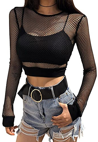 VisSec Femme avec Dentelle Tulle Manches Longues Moulant Haut Top Sexy Slim Elégant Noir Invisibles Rafraîchissantes Femme Sans Couture Filet Femmes-Maille Erotique Accessoire, Taille unique