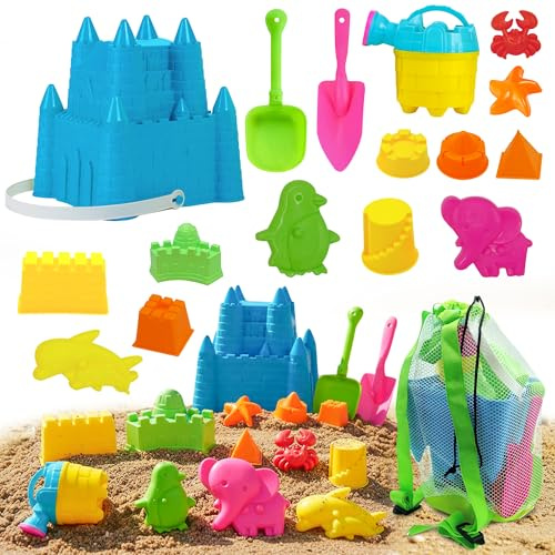 4E's Novelty Beach Toys for Kids with Bag (17 Pcs Set) Castle Beach Bucket with Shovels & Molds Kit - Sand Toys Set for Toddlers with Mesh Beach Bag Backpack, Easter Basket Stuffer