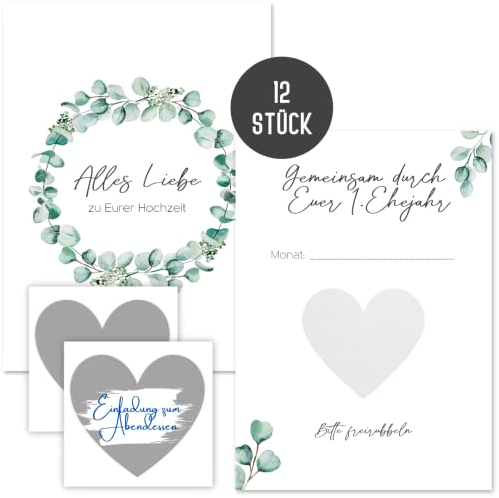 Things of Happiness Hochzeitsgeschenk “Gemeinsam durch Euer 1. Jahr – Hochzeitsspiel für das Brautpaar | 12 Rubbelkarten für Gutscheine für das Brautpaar, Geschenk zur Hochzeit (Grün Eucalyptus)