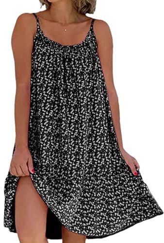 Yeenily Abito Estivo da Donna Senza Maniche Abito Floreale con Scollo Rotondo Spaghetti Vestito Allentato per Le Vacanze(Nero,XXL)