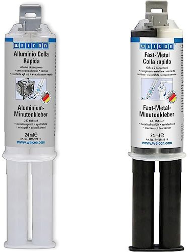 WEICON Alluminio Colla Rapida, adesivo epossidico bicomponente a polimerizzazione rapida a 2 componenti & Fast-Metal Minute colla epossidica a presa rapida, siringa doppia 24 ml