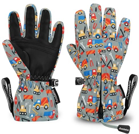 Andake Kids Ski Gloves Ages 2-10 Waterproof Winter Snow Gloves Warm Easy-to-Wear with Zippers for Children Unisex Boys and Girls Machinery,2-4Y