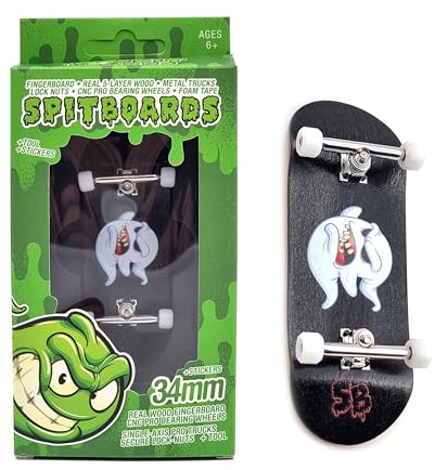 SPITBOARDS 34 mm x 96 mm Fingerboard Set-Up Completo | Deck in Legno Vero | Trucks Con Dadi di Bloccaggio e Boccole Pro | Ruote in Poliuretano Con Cuscinetti | Ghost 'Charly'