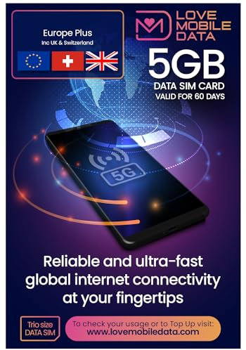 Love Mobile Data Only Sim Card - International Multi-Network 4G/5G Prepaid Pay As You Go Data Sim for Mobile Phones, WiFi Routers, & More, Europe, UK, Switzerland & Turkey Coverage, 5GB for 60 Days