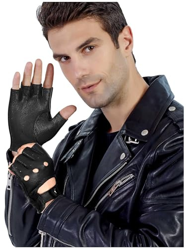 GSG SINCE 1998 Guantes piel hombre sin dedos – Medio dedo en piel de oveja, palma ventilada, sin forro, transpirables, para conducir, ciclismo y moto, Negro L