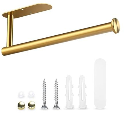 Fliverly Self Adhesive Paper Towel Holder Under Cabinet Mount, Wall Mounted Paper Towel Roll Holder for Kitchen, Bathroom, Wall,BBQ Grill, Gold