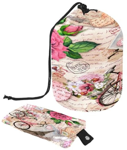 Beauty case con coulisse, Torre Eiffel, bicicletta, rosa cuore su note, borsa per cosmetici a forma di barile, borsa da viaggio organizer per trucchi + piccola borsa, Multi,