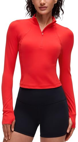 CRZ YOGA De las Mujeres Butterluxe Camisas Manga Larga Media Cremallera Pull-Over Atlética Recortada Tops Rojo Profundo 38