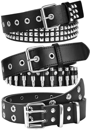 YOGEYOGE Black Studded Belt, 3 Pcs Y2K Belt Emo Girl Goth Punk Rock Double Grommet with Pyramid Scene for Women Men