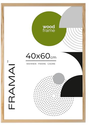 FRAMAI® Cadre photo 40x60 – Cadre en bois naturel véritable avec plexiglas incassable, système de suspension et présentoir