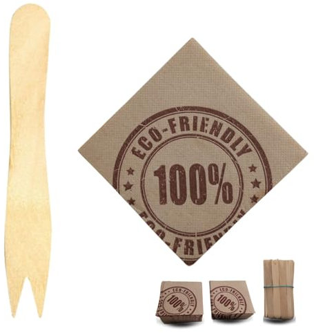 Tenedor de Madera, Pincho-Tenedor de Madera, Pack de 100 Pinchos 8,5cm.+ 100 Servilletas Papel 20x20cm. Ecológicos y Desechables, para Cókteles, Barbacoas, Aperitivos y Fiestas con Picoteo.