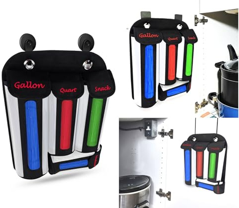 Storage Bag Organizer with integrated Self-adhesive Straps & magnetic Hooks; – Fabric Made with CLEAR PVC -Baggie Holder for Cabinet, Pantry, Refrigerator, Drawer; UNIQUE DESIGN; fits Major Brands.