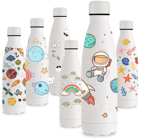 Vikastar Trinkflasche Edelstahl, 500ml, BPA-Frei Trinkflasche, 3D-Gedruckte Thermosflasche, Auslaufsicher Wasserflasche für Schule, Fahrrad, Camping, Fitness, Weißer Sternenhimmel