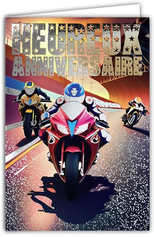 67-1286 - Tarjeta de felicitación de cumpleaños, moto GP, carrera, velocidad de circuito, plateado brillante, ilustración, 1 año más, regalo para motociclistas y ciclistas, con sobres blancos, formato