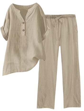 Conjunto de 2 Piezas de Lino para Mujer, Camisa y Pantalones con Botones, Casual, Holgado, para Playa, Vacaciones, Verano, Caqui, L