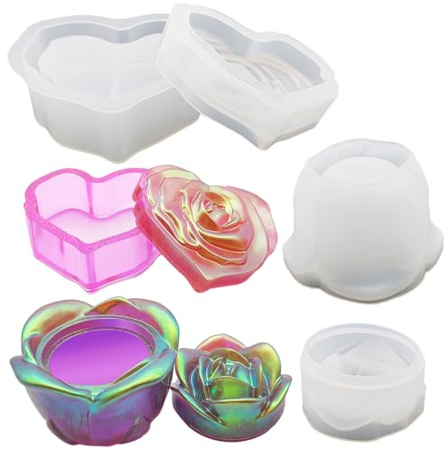 FineGood - 2 moldes de resina para tarro de corazón rosa con tapa, moldes de resina de silicona, moldes para fundición de resina, portavelas y contenedor de caramelos