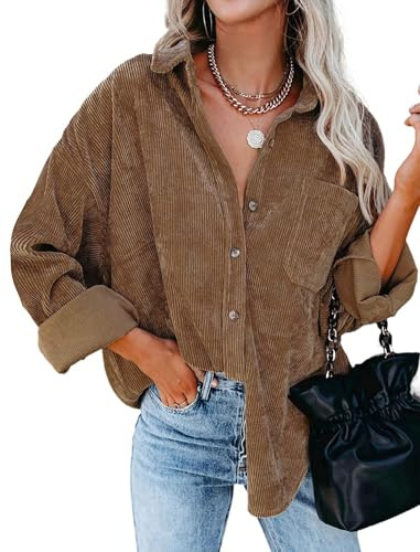 Friptspyg Damblus, manchesterskjorta, långärmad skjortjacka, ledig skjortblus, V-ringad, solid stor storlek, blus, lediga blusar med ficka, BRUN, S
