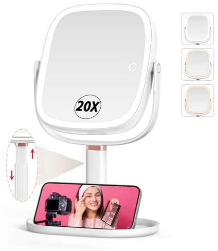 Mocado Kosmetikspiegel mit Beleuchtung, 1X/20X Vergrößerungsspiegel mit Licht, Wiederaufladbar 360 Grad Spiegel mit Höhenverstellung, 3 Farben Beleuchtung & Touchscreen, 21.4cm(Weiß)