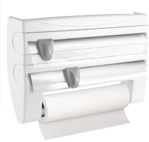 3-in-1 Cling Film Dispenser and Cutter Wall Mounted Kitchen Dispenser - Cling Film, Tin Foil & Kitchen Roll Holder with Built-in Cutters, Fits 30cm Rolls, Easy Install Organizer for Pantry