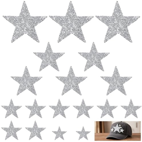 Classicseali 18 immagini termoadesive a forma di stella, 2/4/6/8 cm, per tessuti, motivo a stelle, adesivi da stirare per jeans, zaini, cappelli, riparazione, decorazione