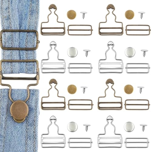 8 Sets de Hebillas Metálicas para Pantalones de Peto, Hebillas Deslizantes de Bronce y Plata, Tamaño 5.5cm x 3.6cm, Ajustables para Correas de 32mm, Hebillas para Ropa de Trabajo, Bebés y Más