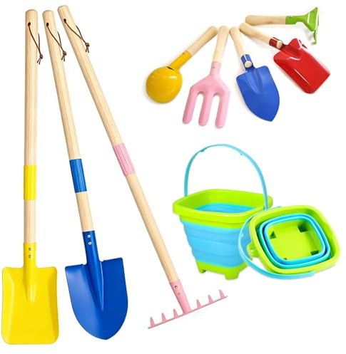 Kids Gardening Tools, 9PCS Children Gardening Set, Include 3PCS Large Shovel Rake, 5PCS Small Fork Trowel Rake Shovel and 1PCS Collapsible Bucket, Outdoor Garden Tools for Kids Ages 3+