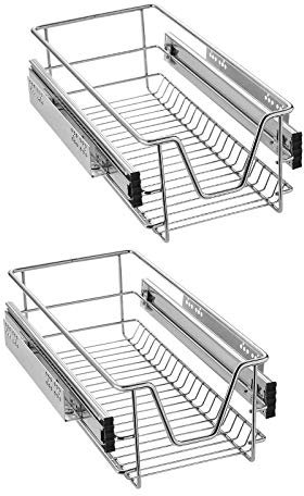 SAILUN Pull-Out Wire Baskets 300mm Wide Cabinet Slide Out Wire Storage Drawers for Kitchen, Pantry, Bathroom Cabinets, Base Larder Organiser Size: 270 * 440 * 140mm Silver Set of 2
