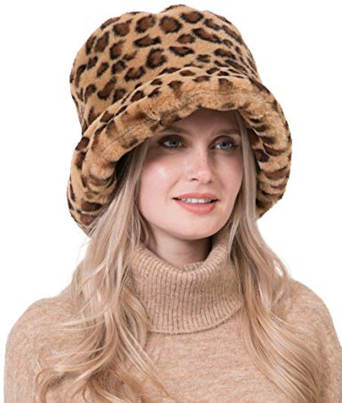 Rulala Fancy Women's Faux Fur Bucket Hats Fluffy Winter Warm Ladie's Unique Printed Fisherman Cap(Leapord)