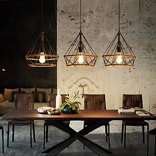 Jaula de Época Industrial Lámpara de Techo Retro Cuerda Del Cáñamo Araña de Hierro Diamante Forma Colgante Lámpara E27 Altura Ajustable 3 Luces Loft Sala de Estar Comedor Restaurante (B)