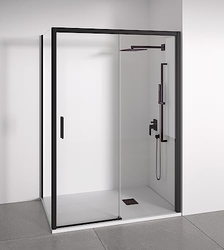 Mampara de ducha angular 1 corredera + 2 fijos - sin perfilería inferior - Cristal transparente templado 6mm - Negro mate - Ancho adaptable 95-100 x 67-70cm - Posición puerta izquierda - Alto 195cm