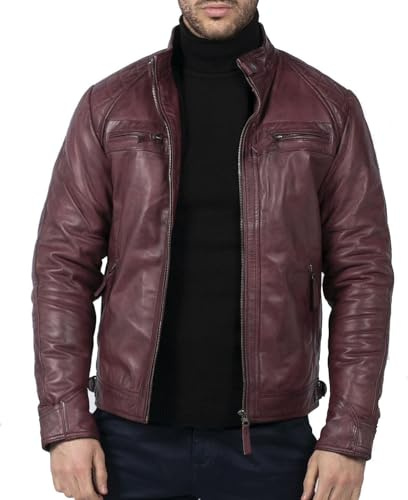 TruClothing.com Chaqueta de motociclista para hombre, resistente al viento, para invierno, chaqueta de piel auténtica, estilo retro, Vino, XXL