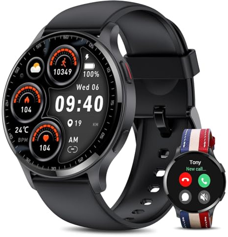HOAIYO Smartwatch Herren Damen mit Telefonfunktion, 1.5 Fitnessuhr Armbanduhren Sportuhr mit Pulsmesser, Musiksteuerung, Schrittzähler, Kalorien, Wasserdicht Fitness Tracker (C1/Leder, 1.5)