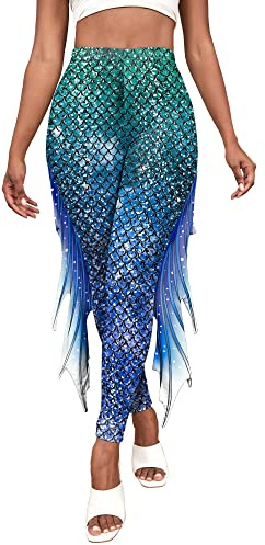 Panegy Sexy Mermaid Costume Mermaid Fish Scale Tights for Women Plus Size Full Length High Waisted Halloween Workout Yoga Print Leggings
