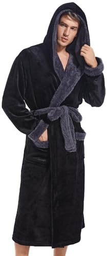 Inner Wish Mens Hooded Robe, Plush Long Highly Absorbent Bath robes Cozy Warm Bathrobe Fuzzy male Spa Robe With Pockets, BLACK+DARK GREY, 2XL/3XL