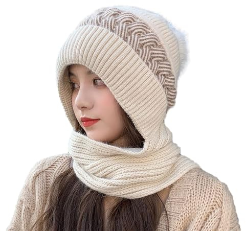 Hokuto Kapuzenschal Damen Winter, Winddicht MüTze Mit Schal Damen, Integrierter GehöRschutz Winddichte MüTze Schal (beige)