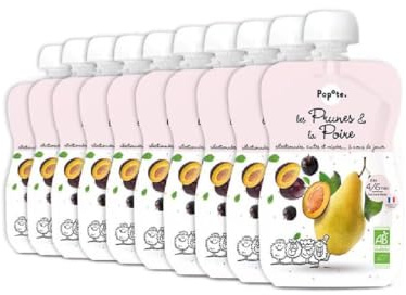 POPOTE - Purée Prunes Poire Bio - Dès 4/6 Mois - Recette Bi-Fruits Sans Sucres Ajoutés - Texture Lisse Adaptée Aux Bébés - Idéal Pour Diversification Alimentaire - Format Pratique - Pack 10 x 120 g