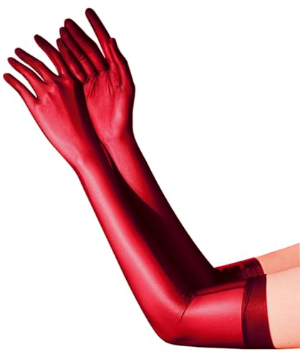 iEFiEL Damen Ultradünne Armstulpen Glänzende Öl Abendhandschuhe Dehnbare Handschuhe Nylon Durchsichtig Handschuhe Cosplay Karneval Party Zubehör Rot L